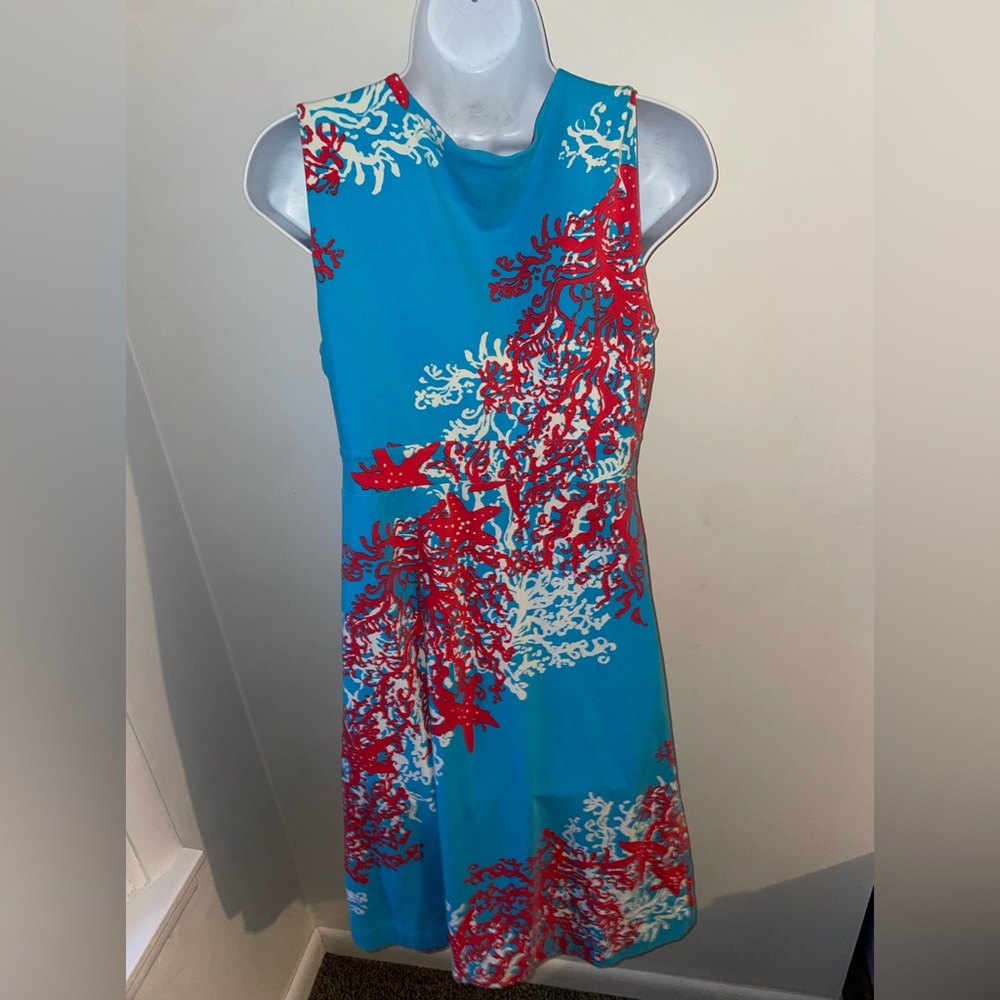 Lilly Pulitzer Size M Dress Jia Turquoise Coral Cascade Sleeveless Jersey Knit J - Picture 3 of 4